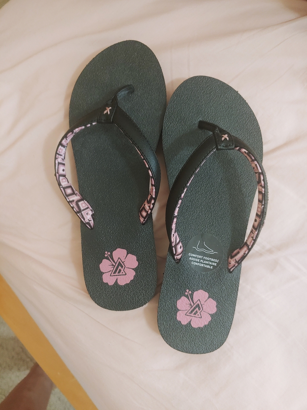 Black Flip Flops with Pink Floral Accents